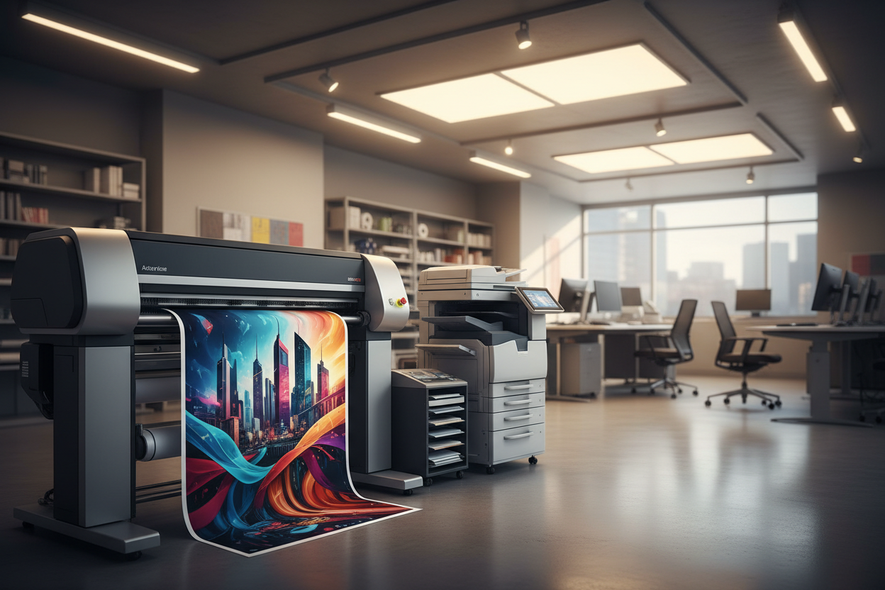 Large printing machine with colorful output in an office setting